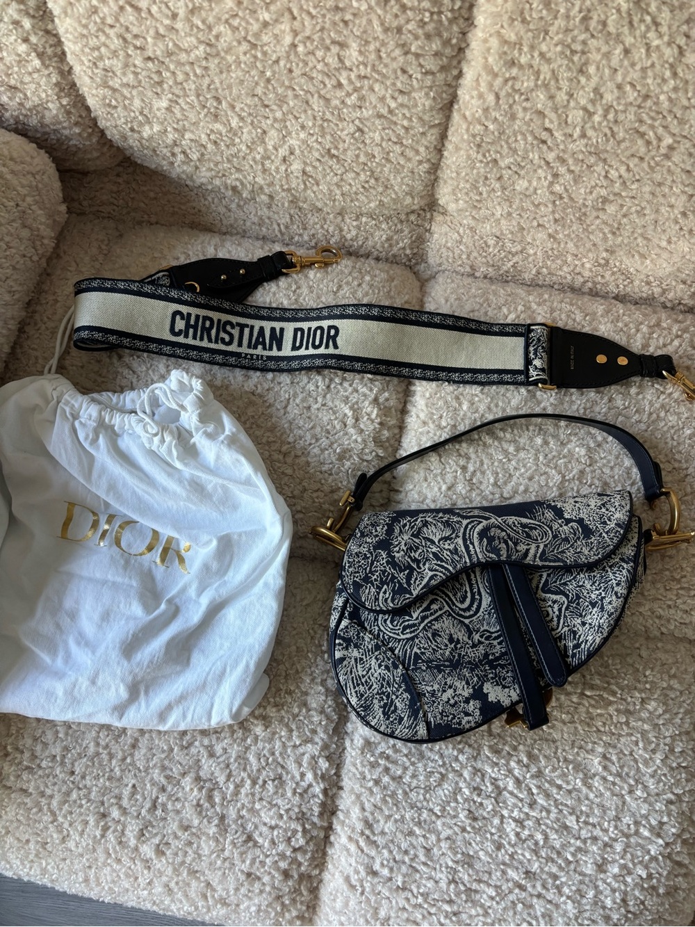 Dior Navy & Ivory Toile Saddle Bag with Branded Strap